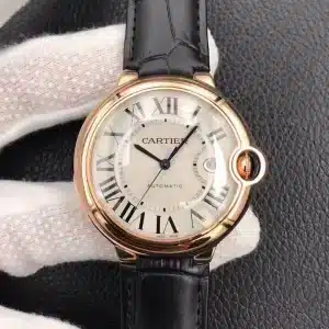 CARTIER Ballon Bleu Black Leather Strap 42MM Mens Watch