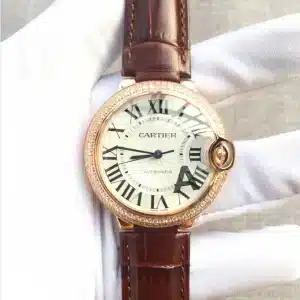 CARTIER Ballon Bleu Diamond 1706470 42mm Brown Leather Strap Watch
