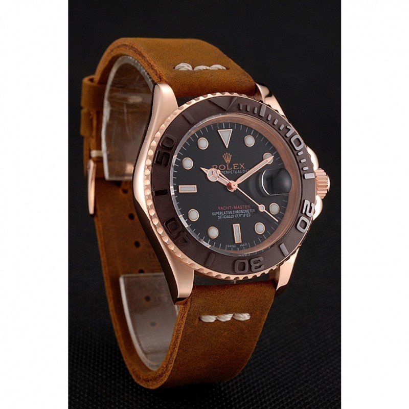 Rolex Yacht-Master Black Dial Brown Bezel Rose Gold Case Brown Leather Bracelet 1453860