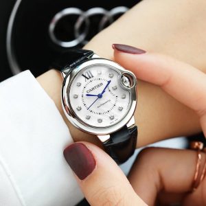 Cartier Balon Bleu Silver Dail Black Leather Strap 36mm lady Watch