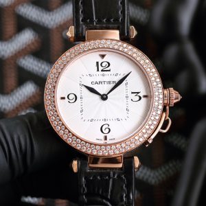 Pasha A white gold and diamond-set black leather Watch