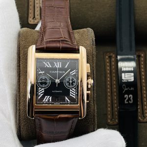 Cartier Tank Chrono RG Black Textured Dial on Black Leather Watch